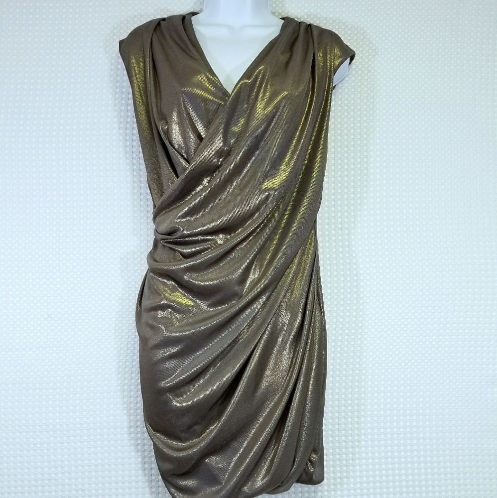 New Nine West Gold Metallic Drap Dress